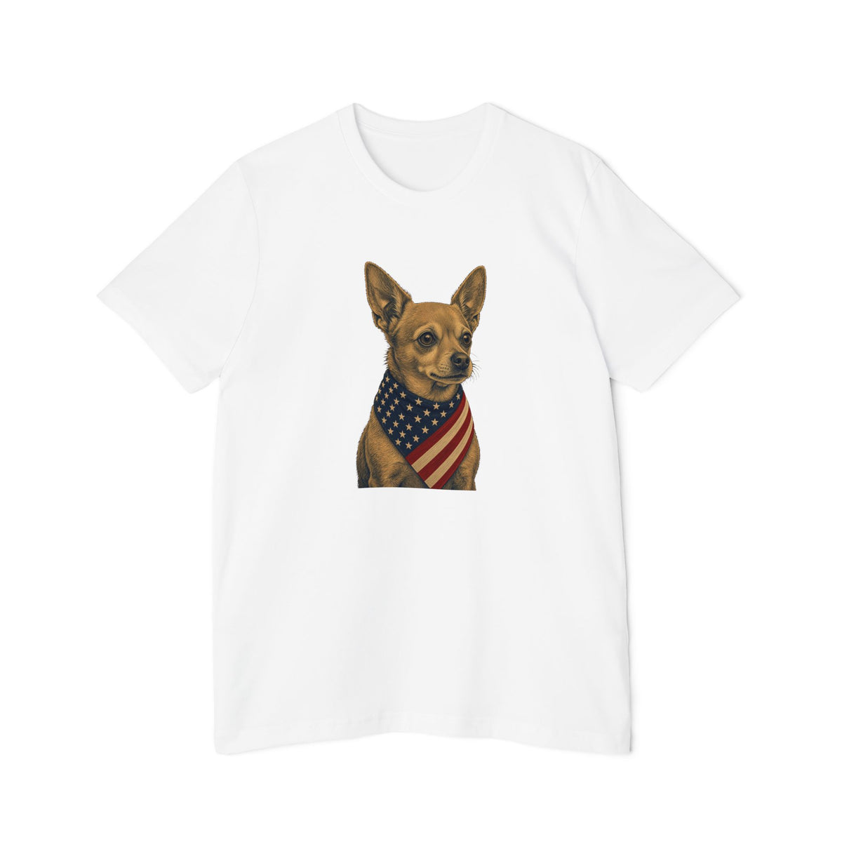 Patriotic Chihuahua American Flag Bandana Lightweight Tee in White – flat front