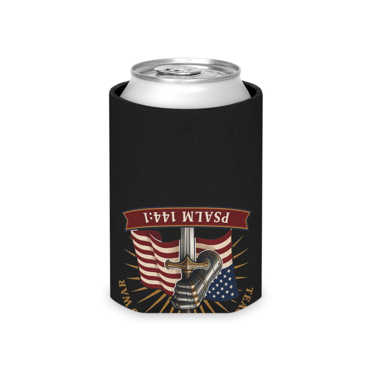 Gauntlet & Flag Psalm 144:1 Can Cooler