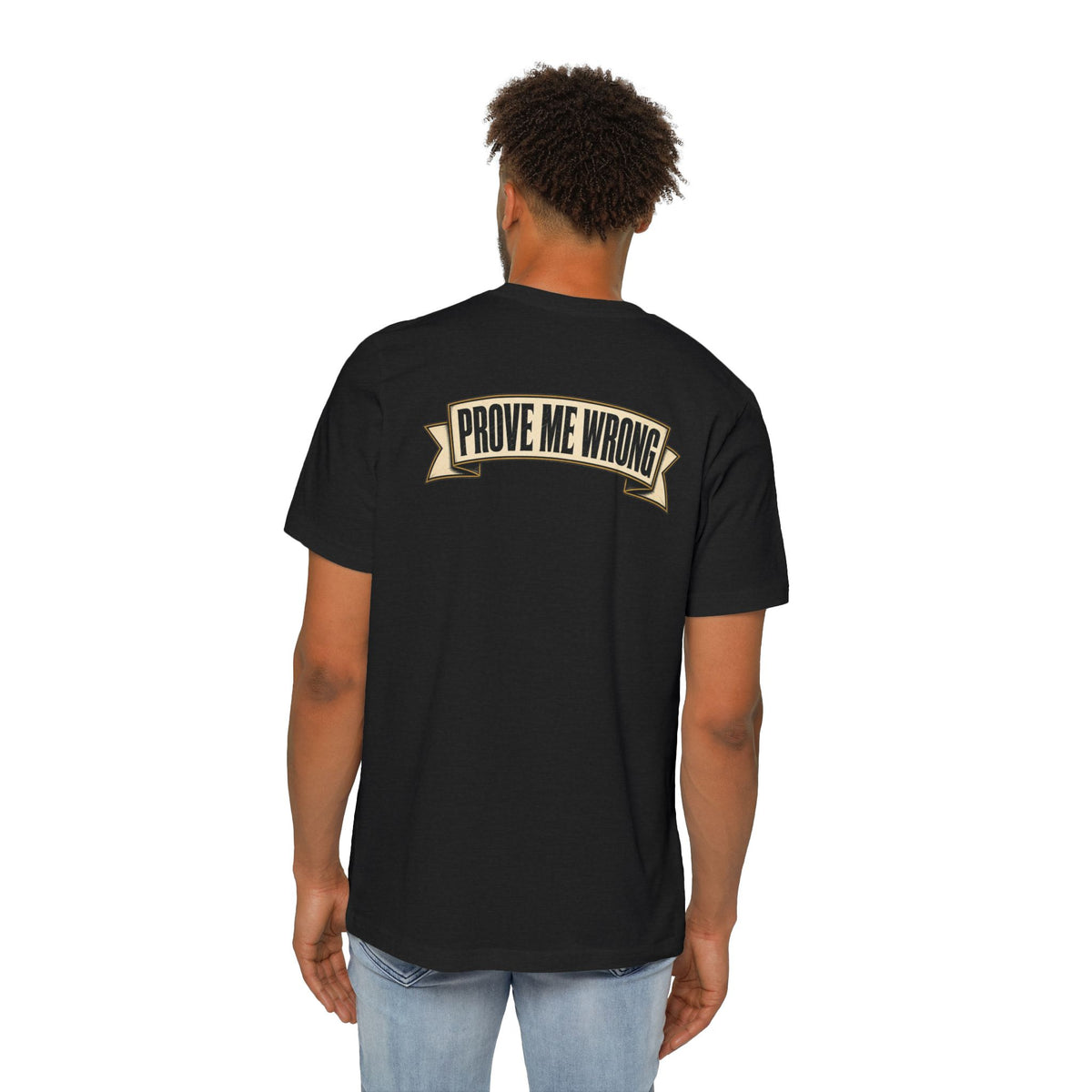 Charlie Kirk Prove Me Wrong Lightweight Tee in Solid Black Blend – on model, back