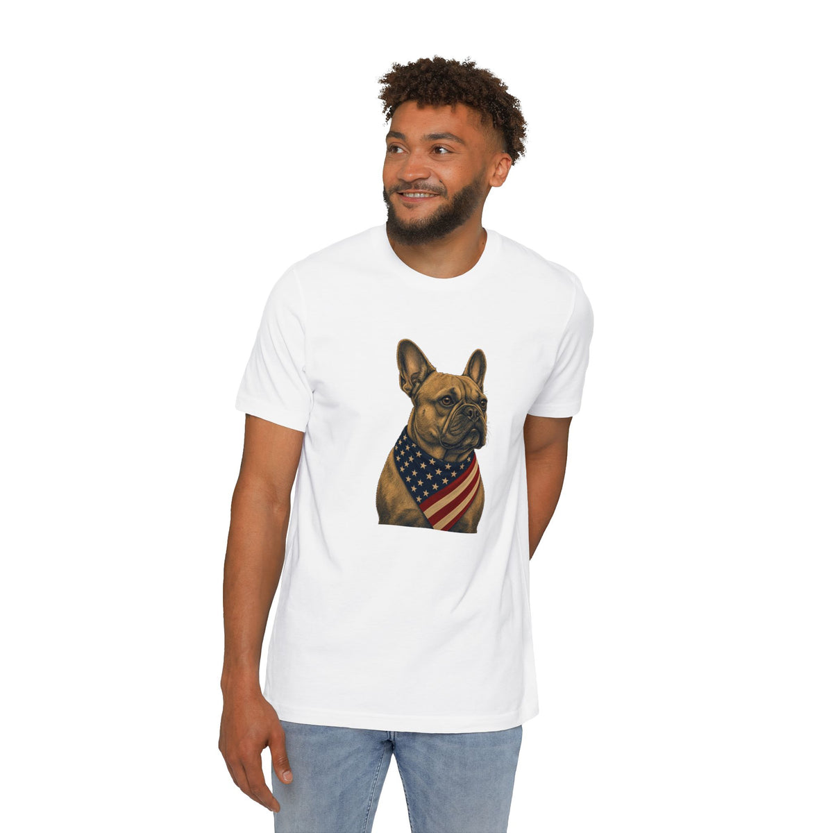 Patriotic French Bulldog American Flag Bandana Lightweight Tee in White – on model