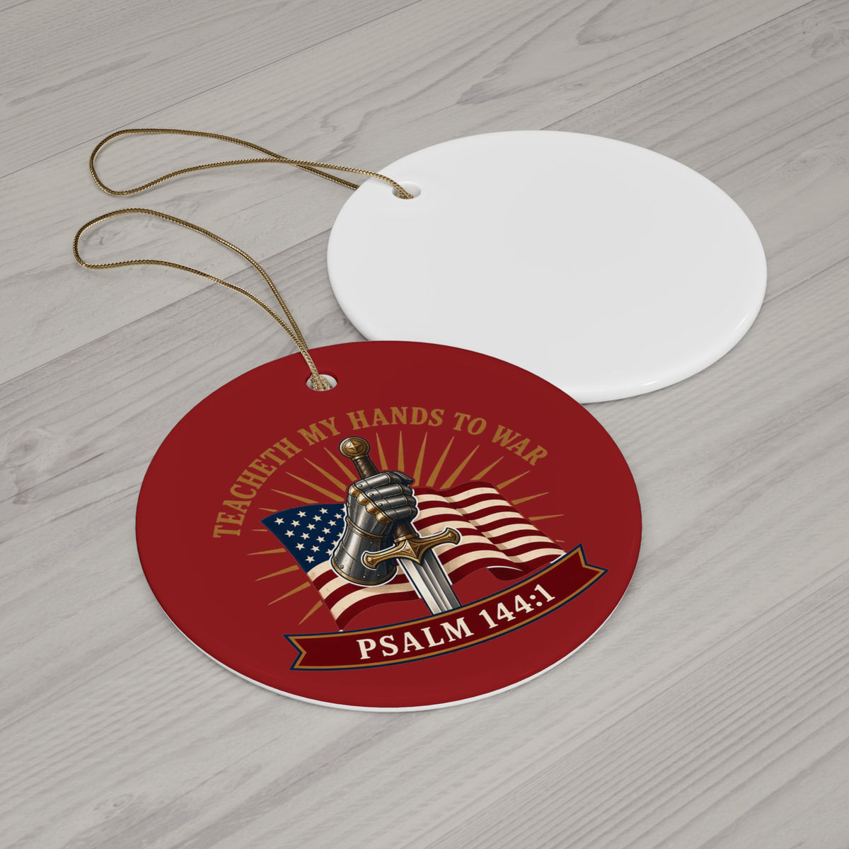 Gauntlet & Flag Psalm 144:1 Ceramic Christmas Ornament