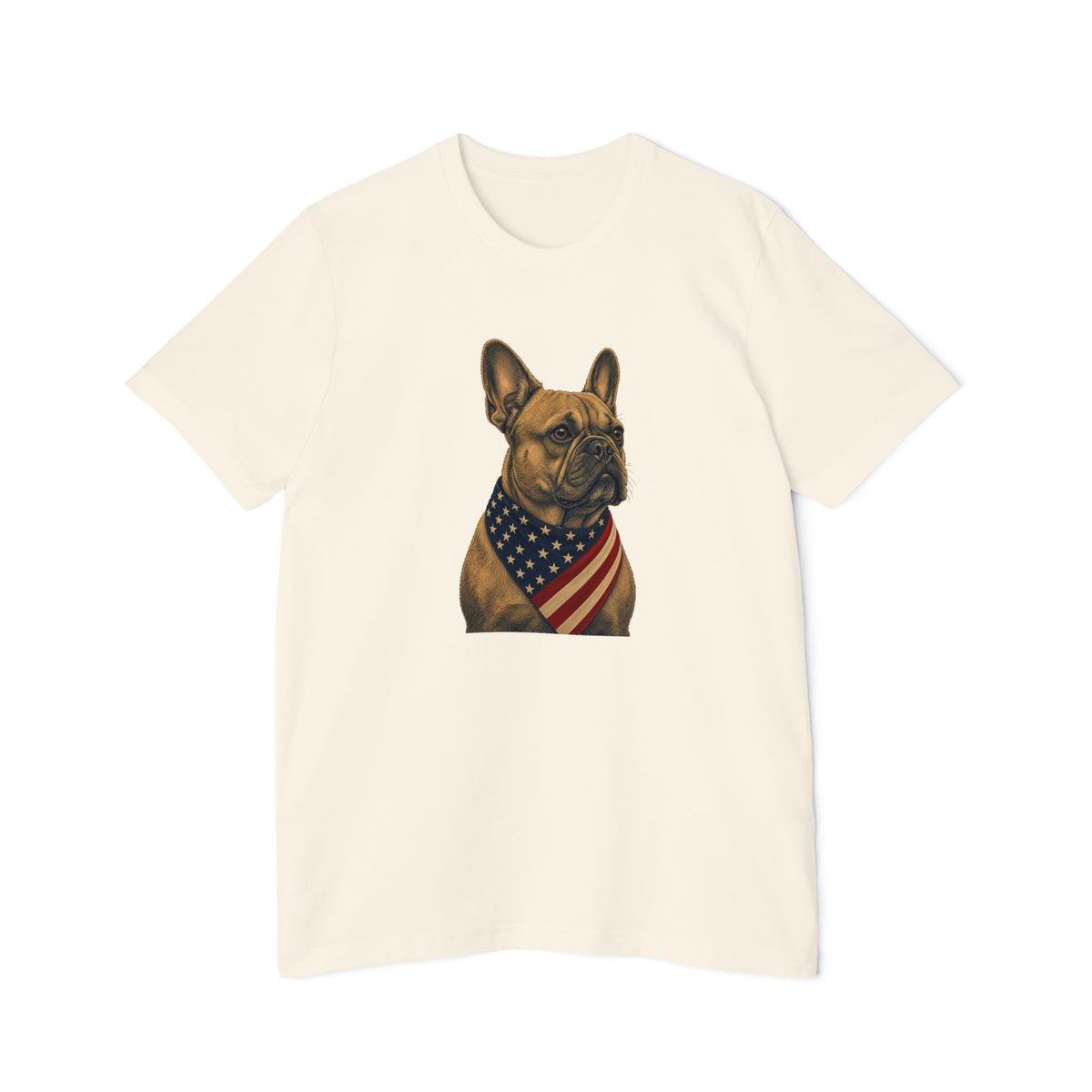 Patriotic French Bulldog American Flag Bandana Lightweight Tee in Natural – flat front