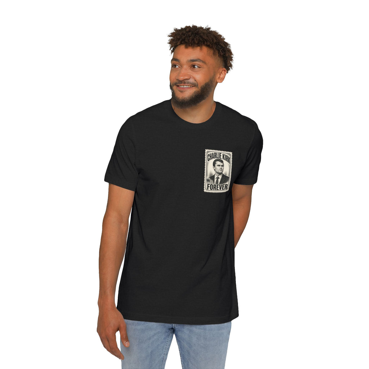 Charlie Kirk Prove Me Wrong Lightweight Tee in Solid Black Blend – on model, front