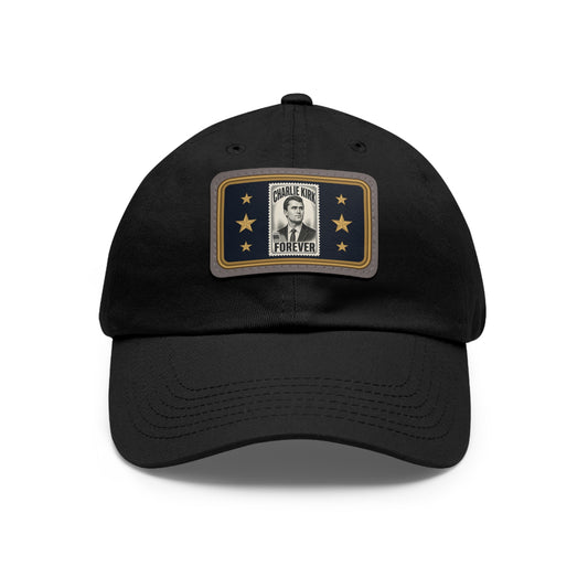 Charlie Kirk Forever Stamp Leather Patch Dad Hat in Black – front