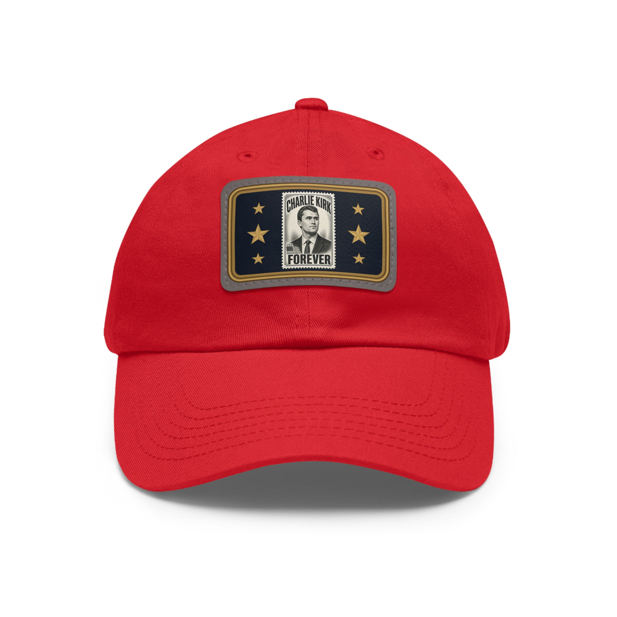 Charlie Kirk Forever Stamp Leather Patch Dad Hat in Red – front