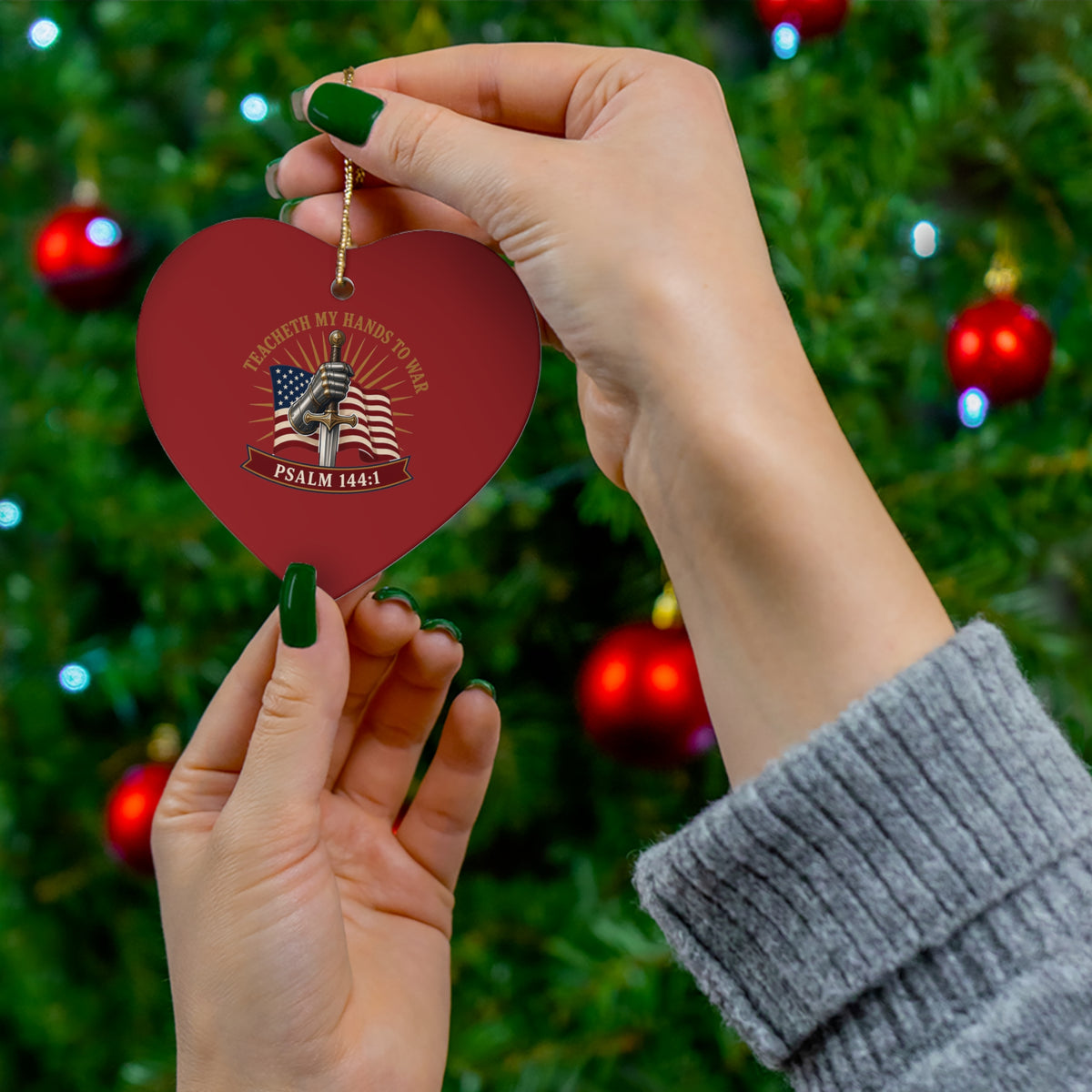 Gauntlet & Flag Psalm 144:1 Ceramic Christmas Ornament