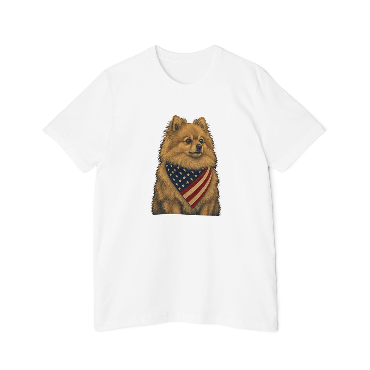 Patriotic Pomeranian American Flag Bandana Lightweight Tee in White – flat front