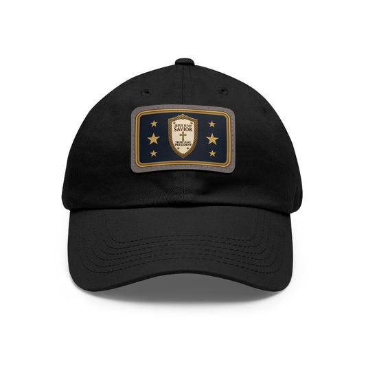 Jesus Is My Savior Trump Is My President Leather Patch Dad Hat in Black – front