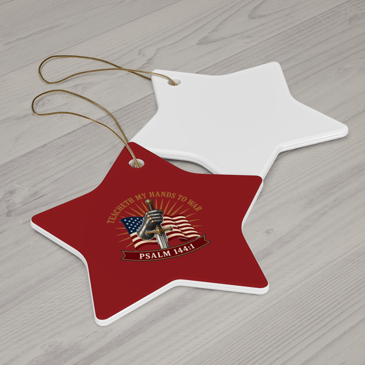 Gauntlet & Flag Psalm 144:1 Ceramic Christmas Ornament