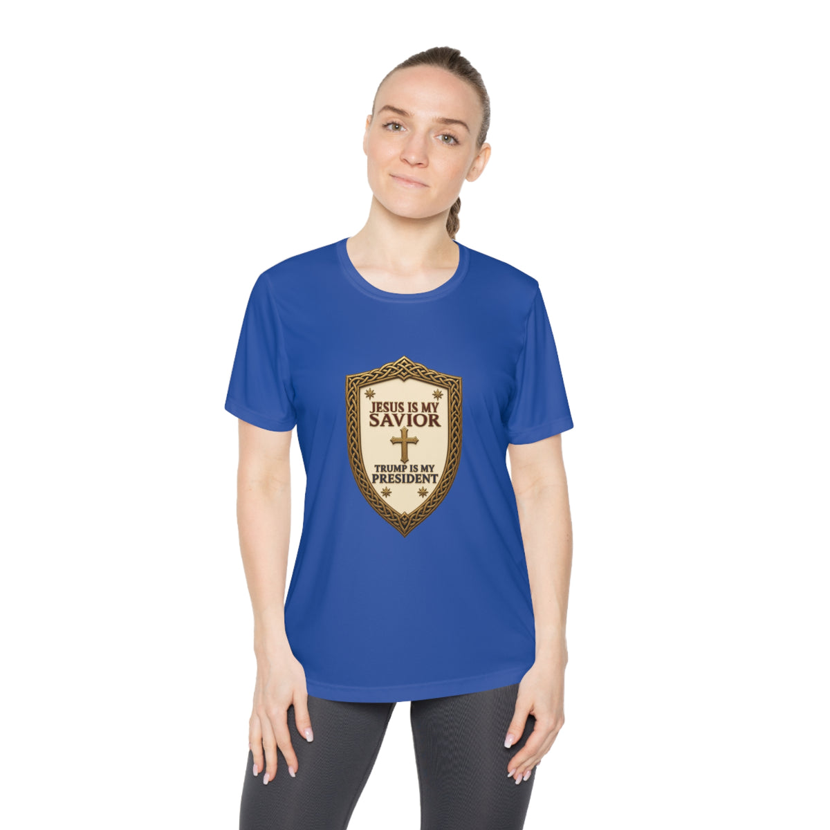 Jesus Is My Savior, Trump Is My President Shield Women's Dry-Fit Performance Tee