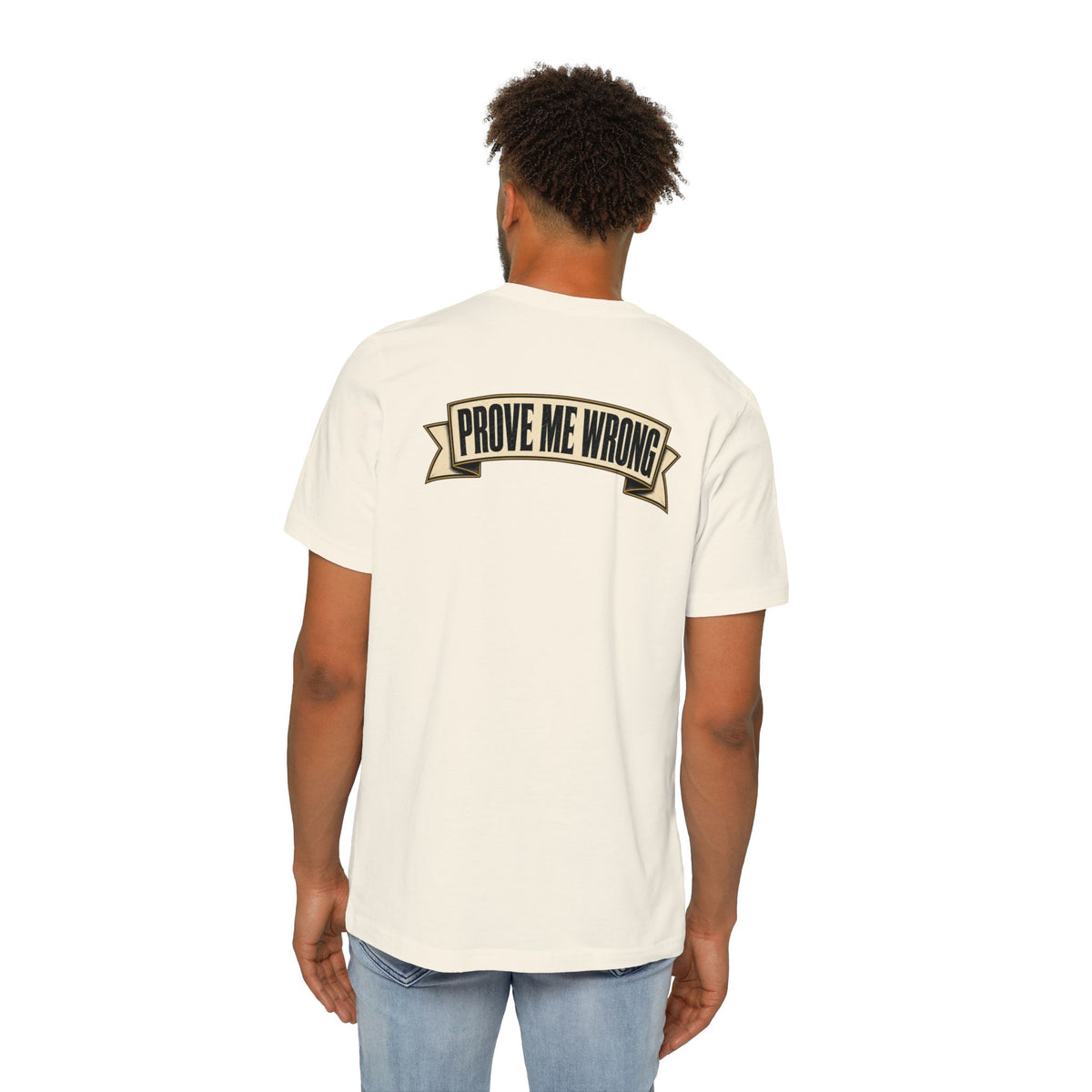 Charlie Kirk Prove Me Wrong Lightweight Tee in Natural – on model, back
