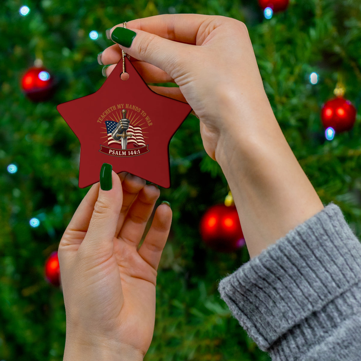 Gauntlet & Flag Psalm 144:1 Ceramic Christmas Ornament