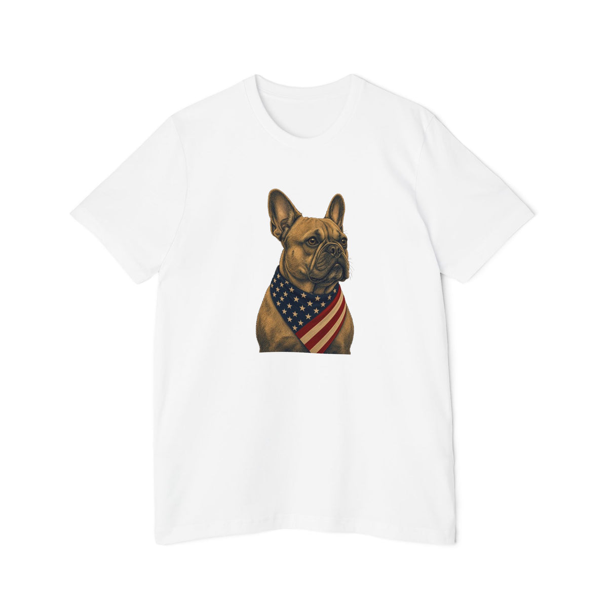 Patriotic French Bulldog American Flag Bandana Lightweight Tee in White – flat front