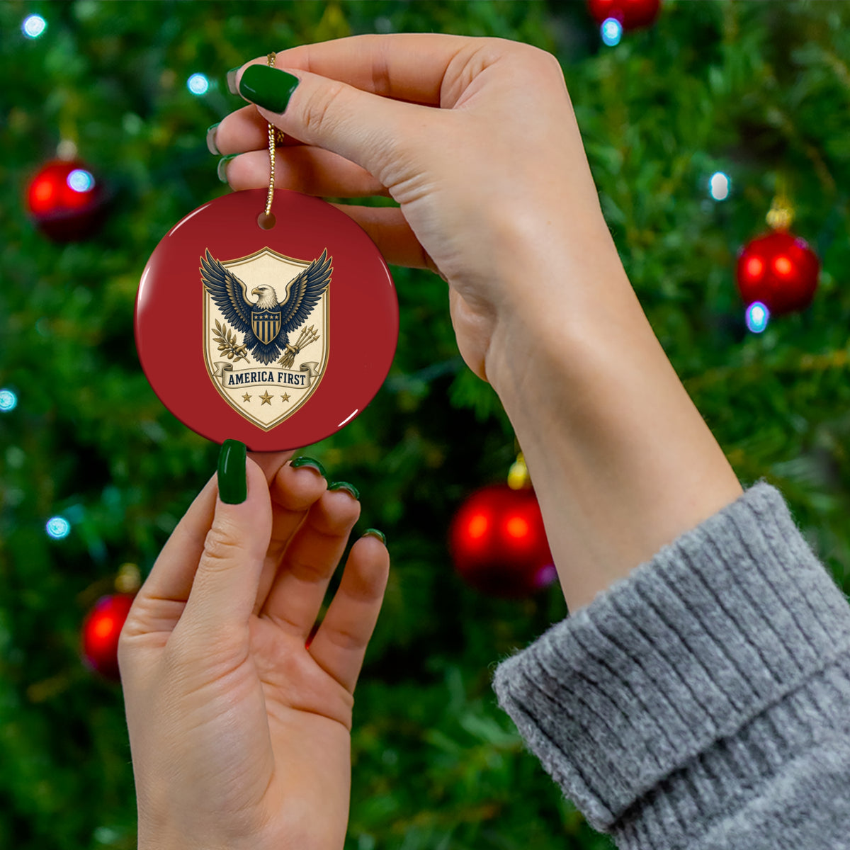 America First Badge Ceramic Christmas Ornament