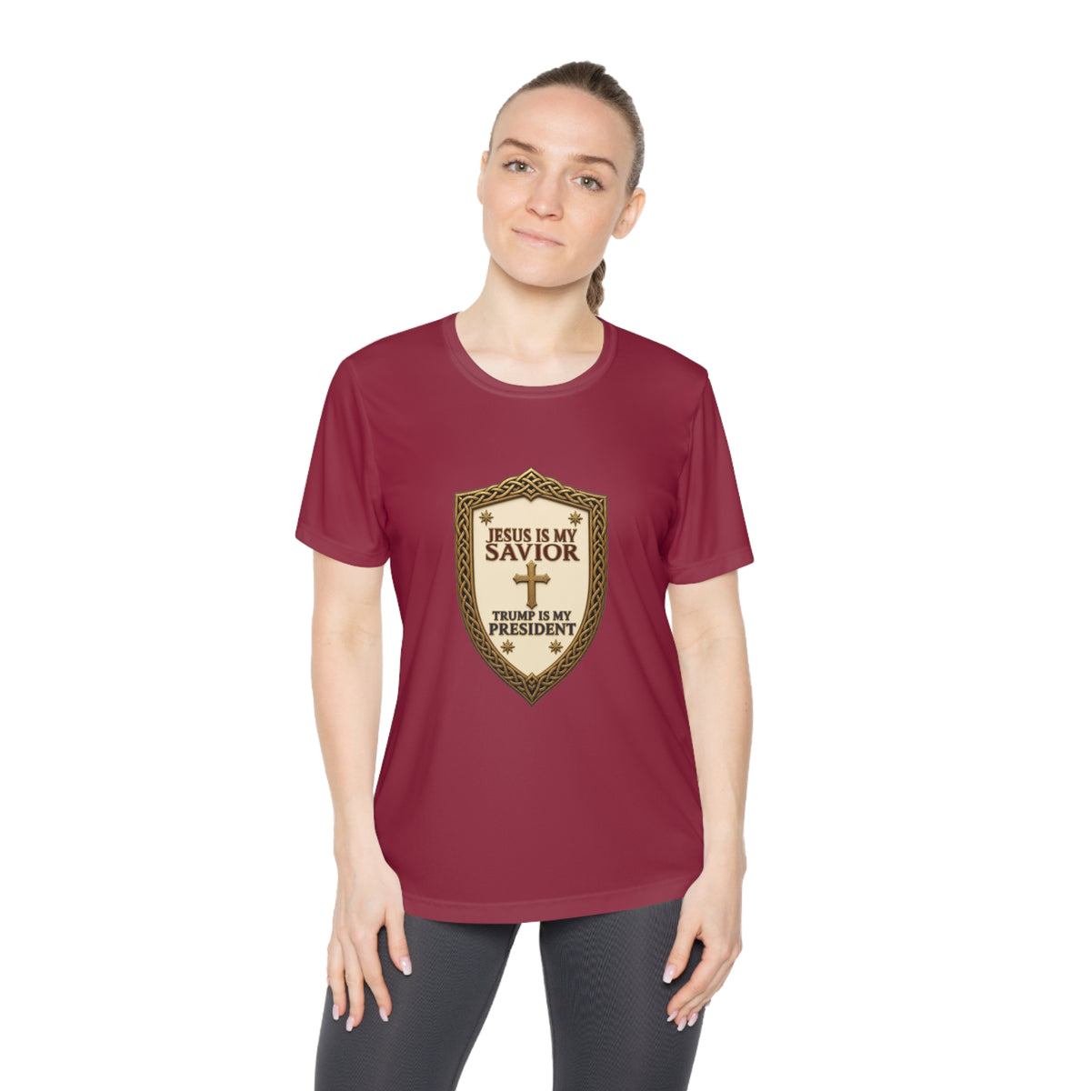 Jesus Is My Savior, Trump Is My President Shield Women's Dry-Fit Performance Tee