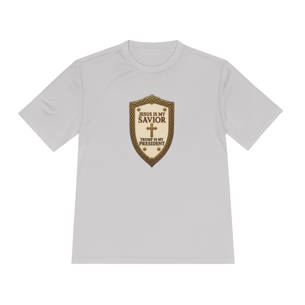 Jesus Is My Savior, Trump Is My President Shield Men's Dry-Fit Performance Tee