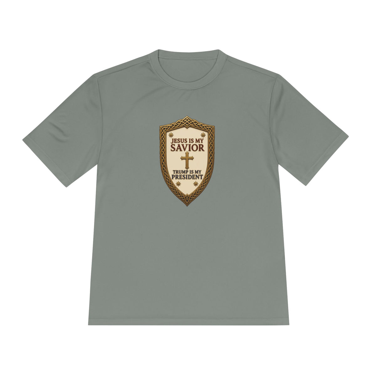 Jesus Is My Savior, Trump Is My President Shield Men's Dry-Fit Performance Tee