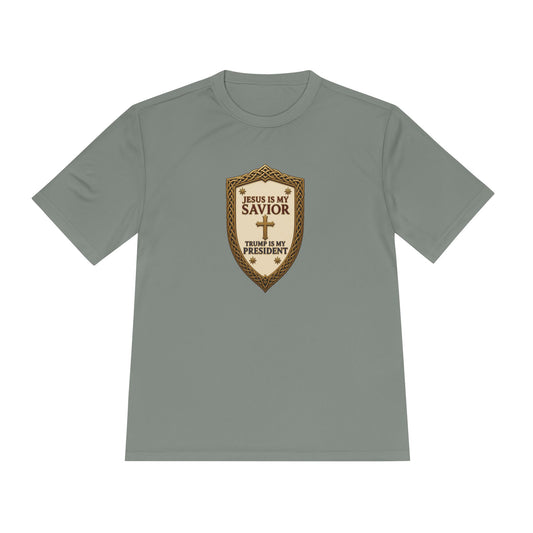 Jesus Is My Savior, Trump Is My President Shield Men's Dry-Fit Performance Tee