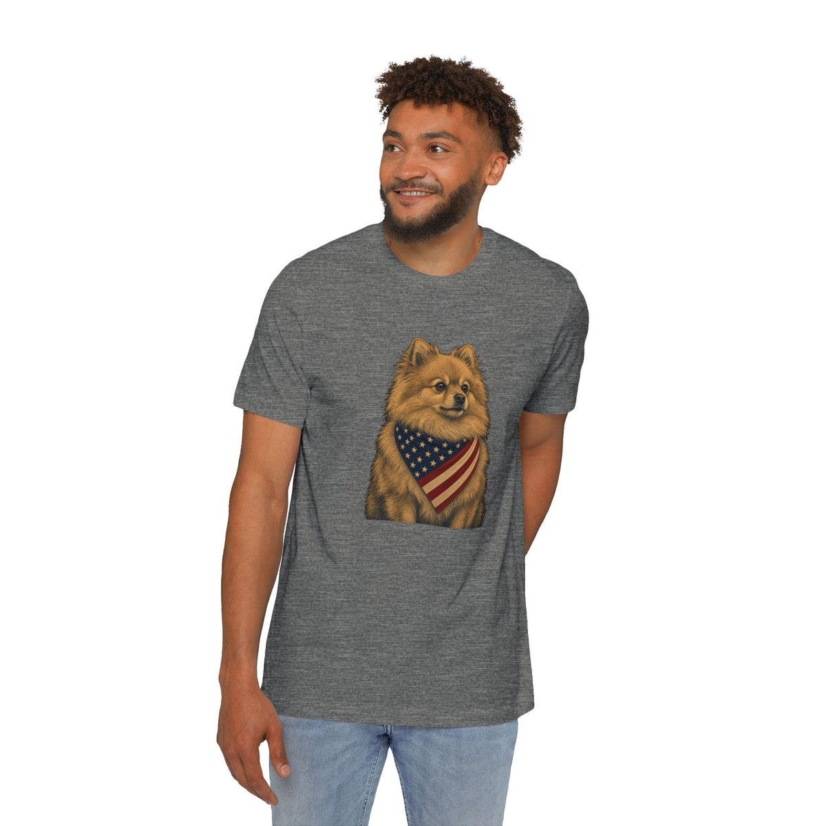 Patriotic Pomeranian American Flag Bandana Lightweight Tee in Deep Heather – on model