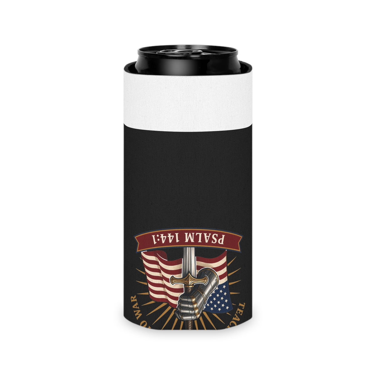 Gauntlet & Flag Psalm 144:1 Can Cooler