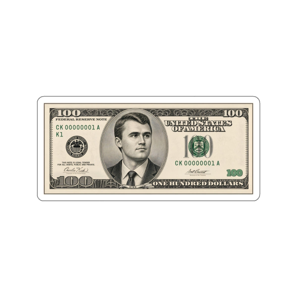 Charlie Kirk $100 Bill Die-Cut Sticker