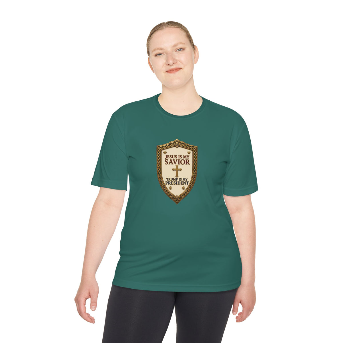 Jesus Is My Savior, Trump Is My President Shield Men's Dry-Fit Performance Tee
