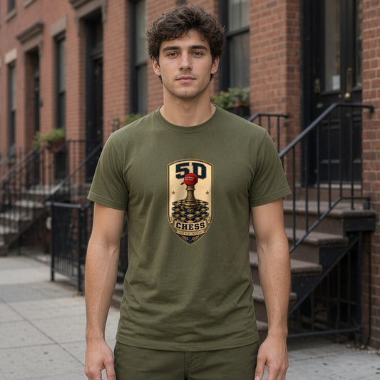 Model wearing 5d chess badge lightweight tee