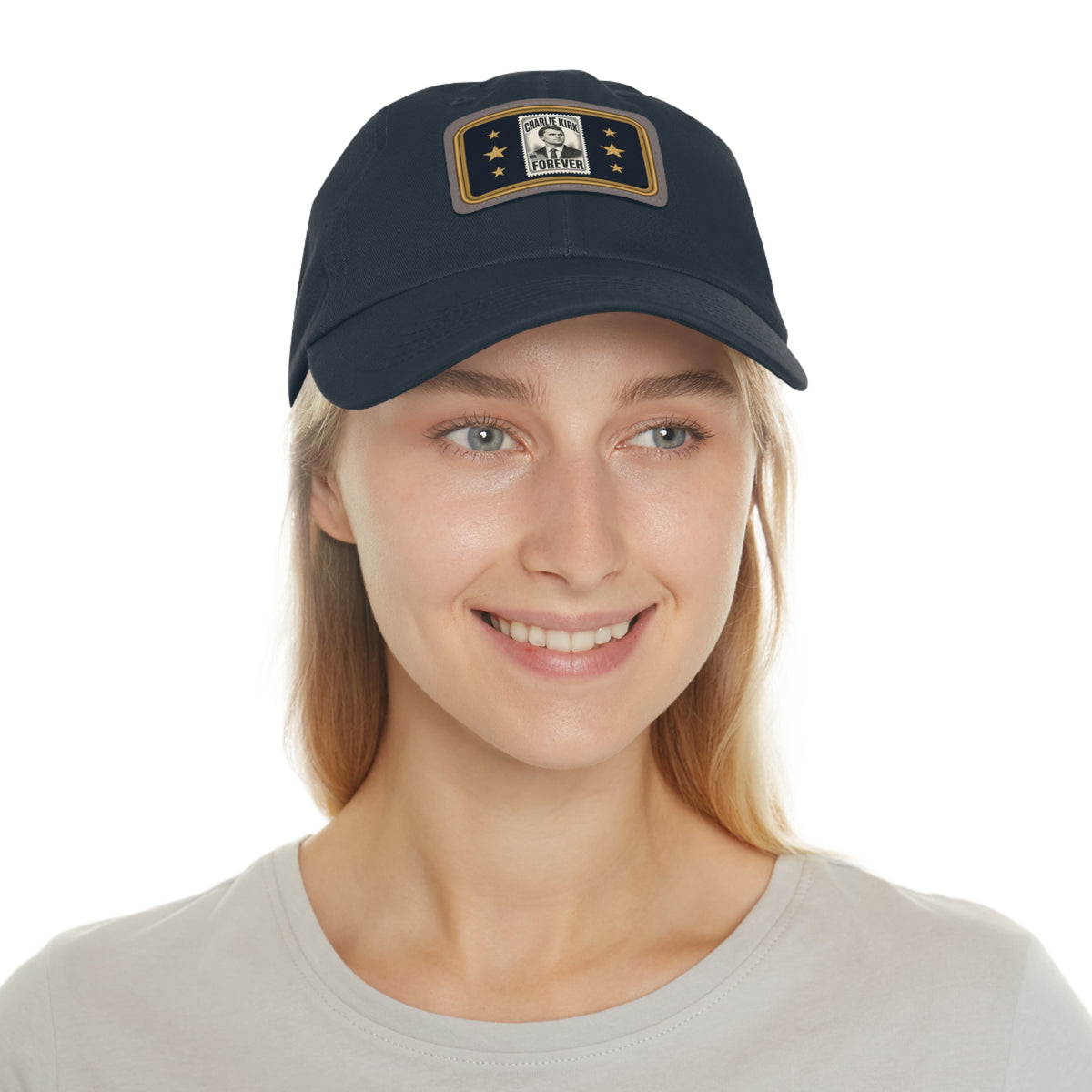 Charlie Kirk Forever Stamp Leather Patch Dad Hat in Navy – on model