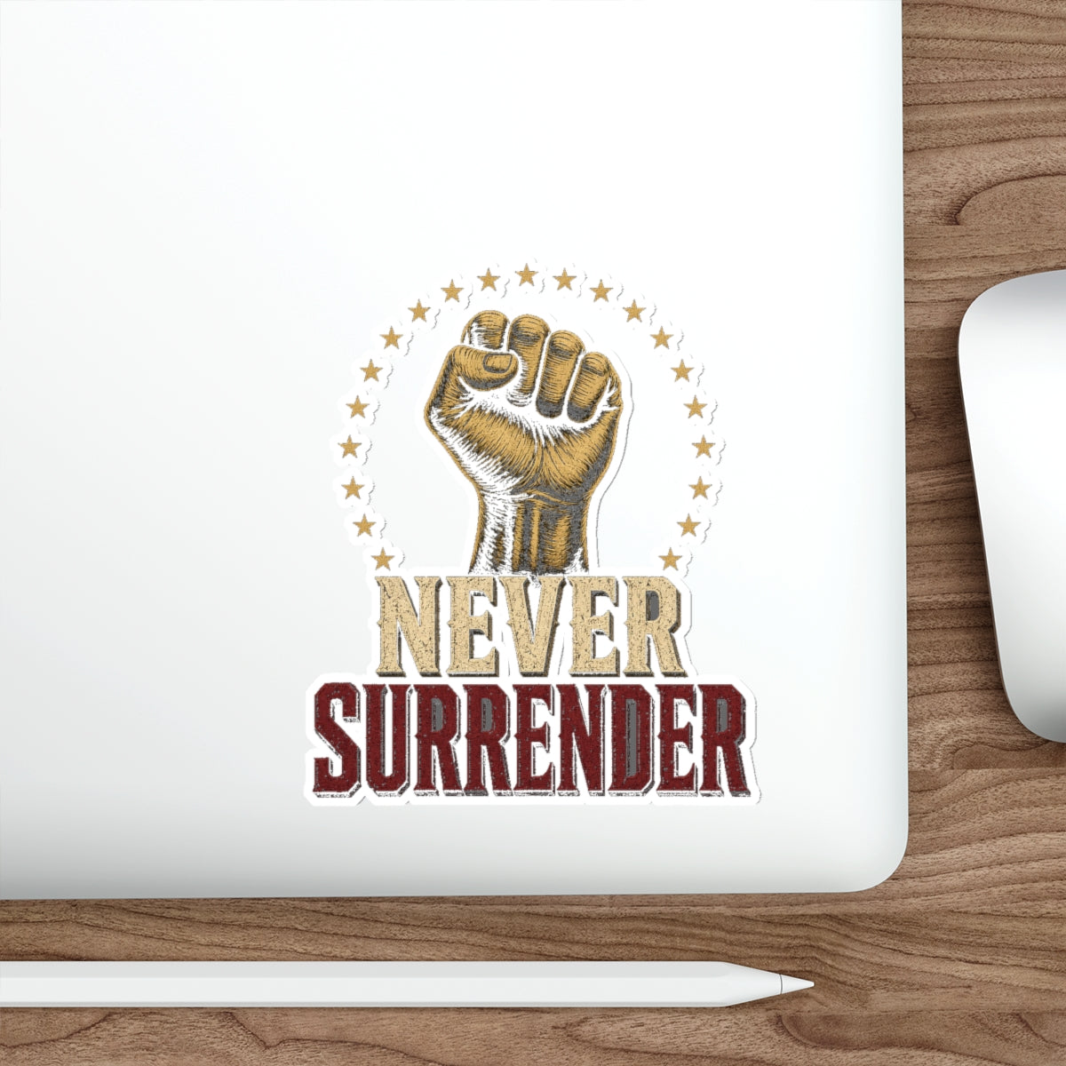 Never Surrender Gold Fist Die-Cut Sticker