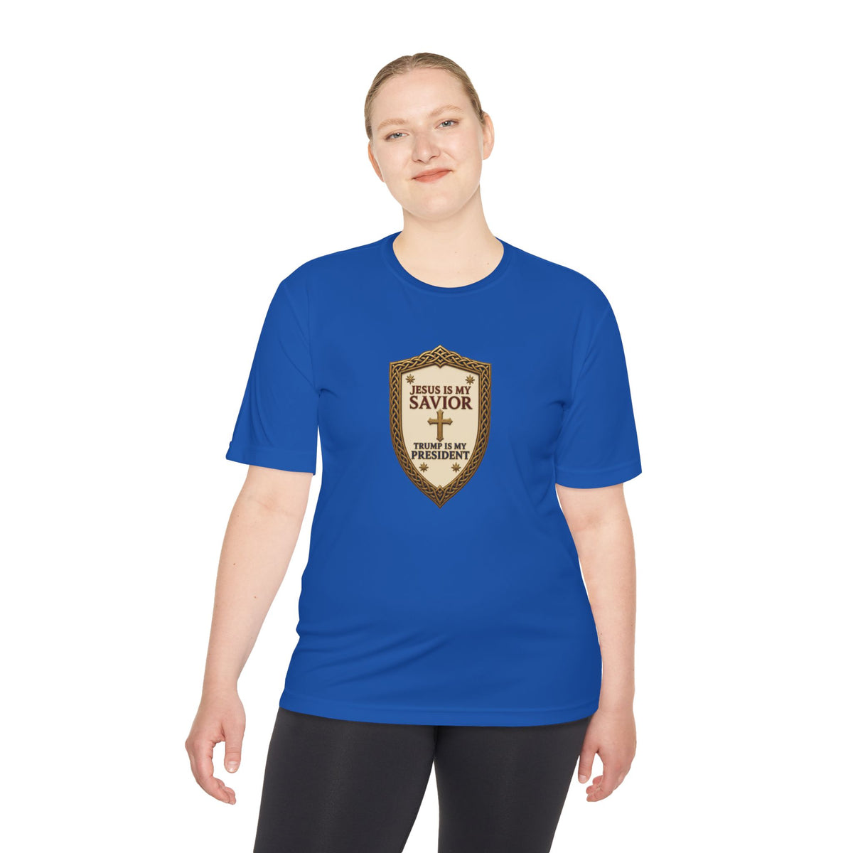 Jesus Is My Savior, Trump Is My President Shield Men's Dry-Fit Performance Tee