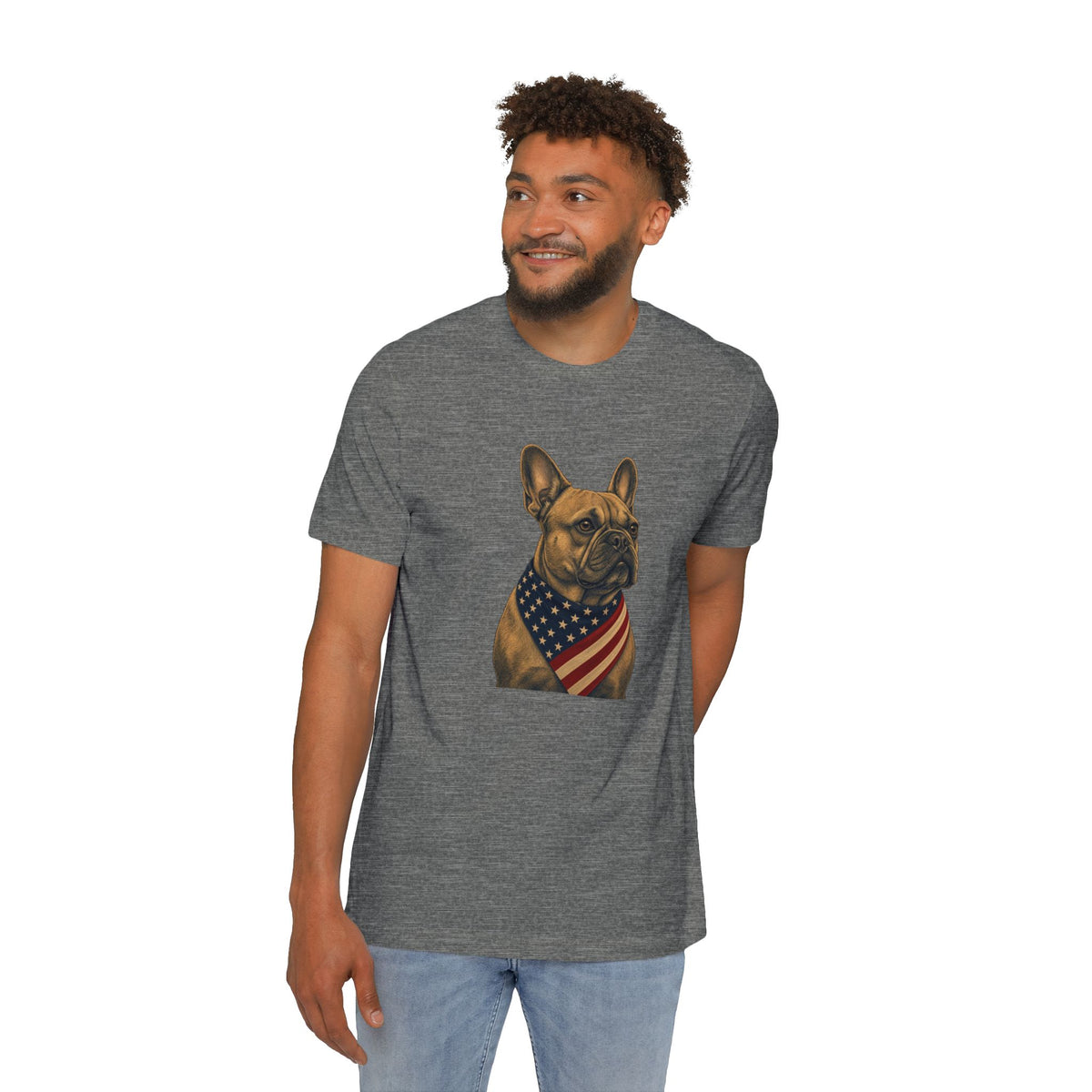 Patriotic French Bulldog American Flag Bandana Lightweight Tee in Deep Heather – on model