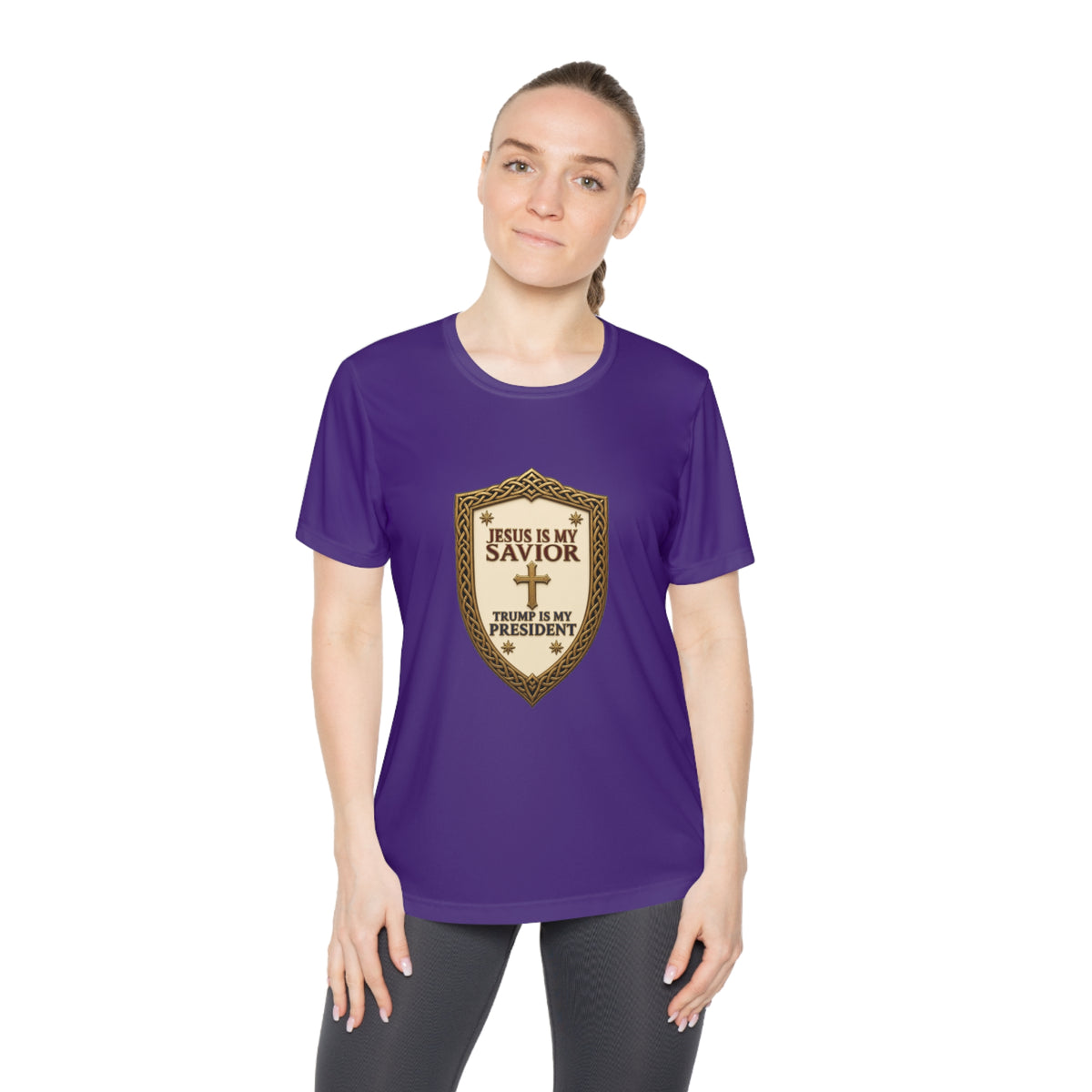 Jesus Is My Savior, Trump Is My President Shield Women's Dry-Fit Performance Tee