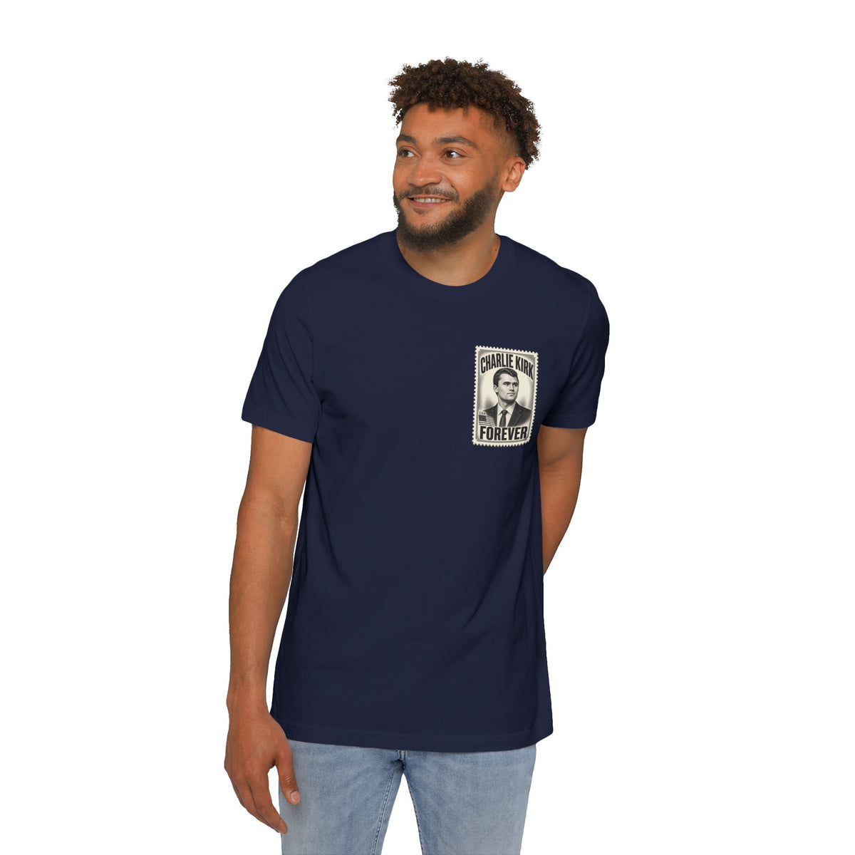Charlie Kirk Prove Me Wrong Lightweight Tee in Navy – on model, front