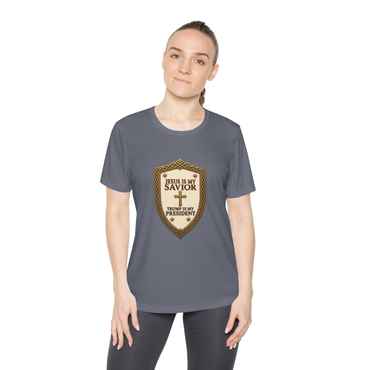 Jesus Is My Savior, Trump Is My President Shield Women's Dry-Fit Performance Tee