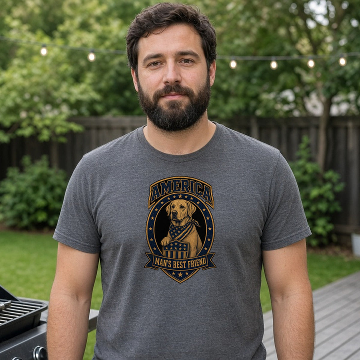 Model wearing america mans best friend badge lightweight tee