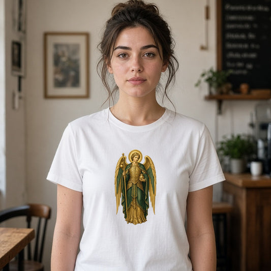Model wearing archangel raphael lightweight tee