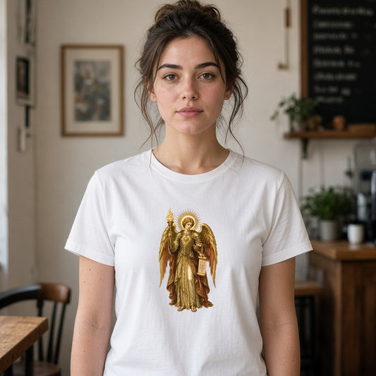 Model wearing archangel uriel lightweight tee