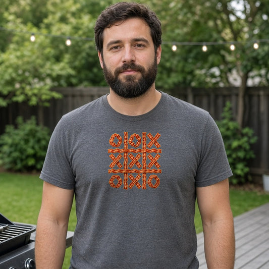Model wearing bacon tic tac toe lightweight tee