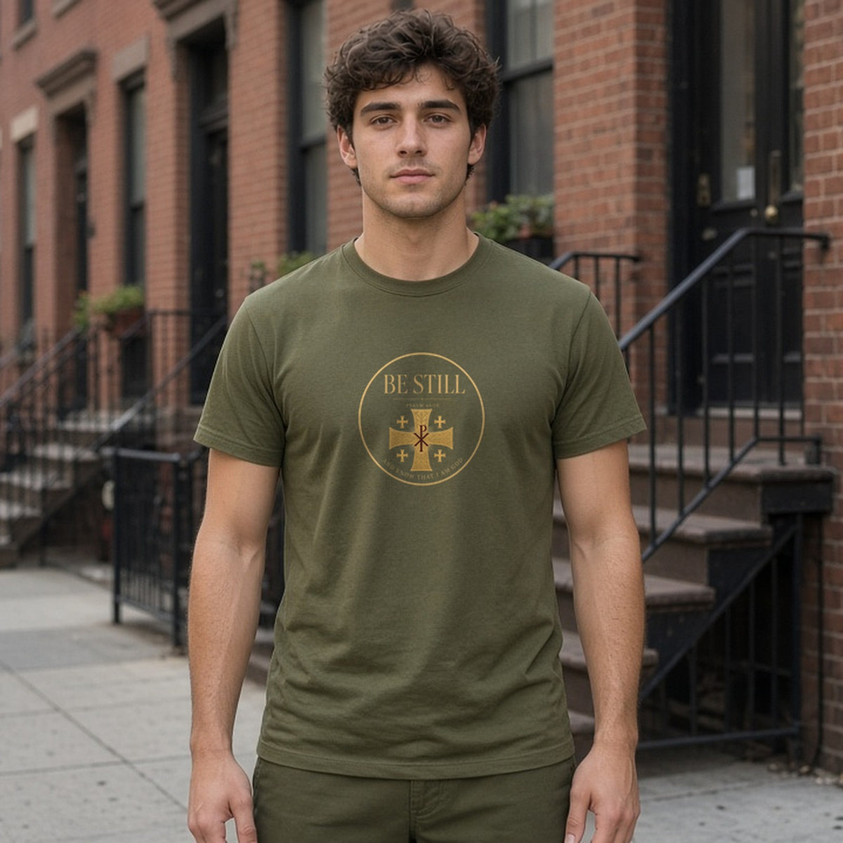 Model wearing be still psalm 46 10 lightweight tee
