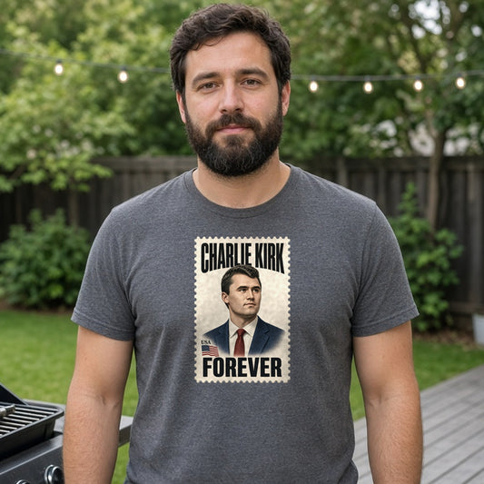 Model wearing charlie kirk forever stamp lightweight tee
