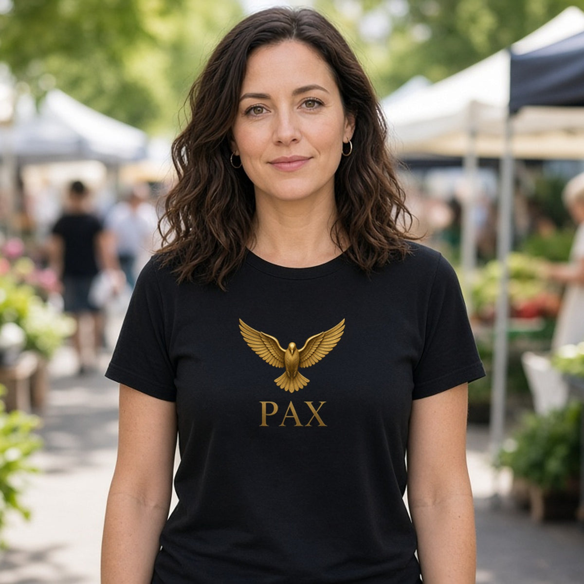 Model wearing chi rho agla jerusalem cross lightweight tee