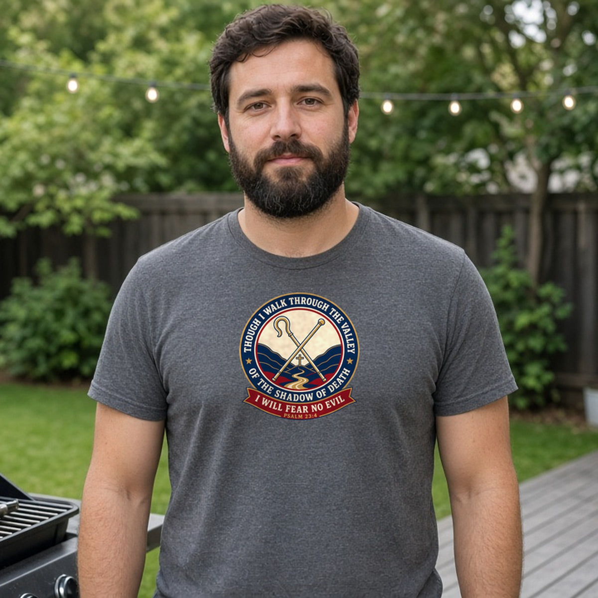 Model wearing fear no evil psalm 23 4 lightweight tee