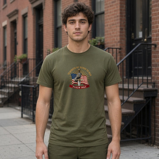 Model wearing gauntlet flag psalm 144 1 lightweight tee