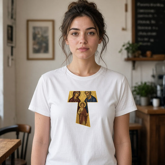 Model wearing holy family tau cross lightweight tee i am back