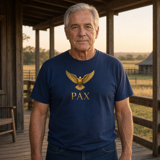 Model wearing i am jesus fish lightweight tee pax dove chest