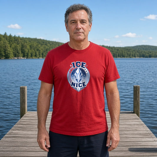 Model wearing ice is nice badge lightweight tee