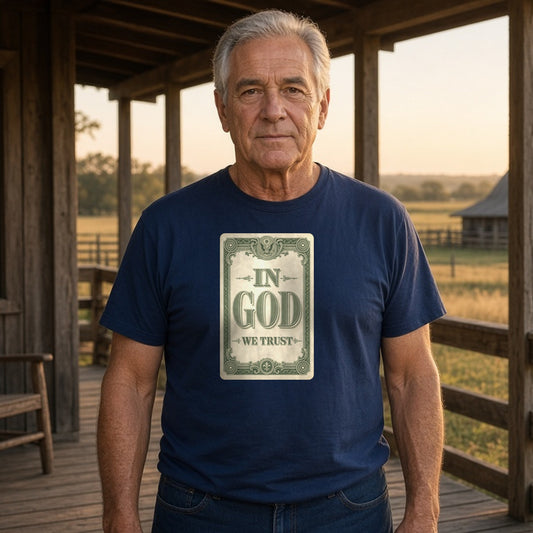 Model wearing In God We Trust Card Lightweight Tee