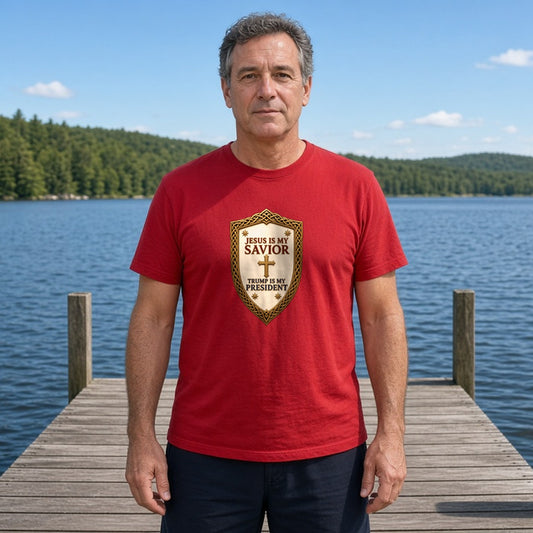 Model wearing jesus is my savior trump is my president shield lightweight tee