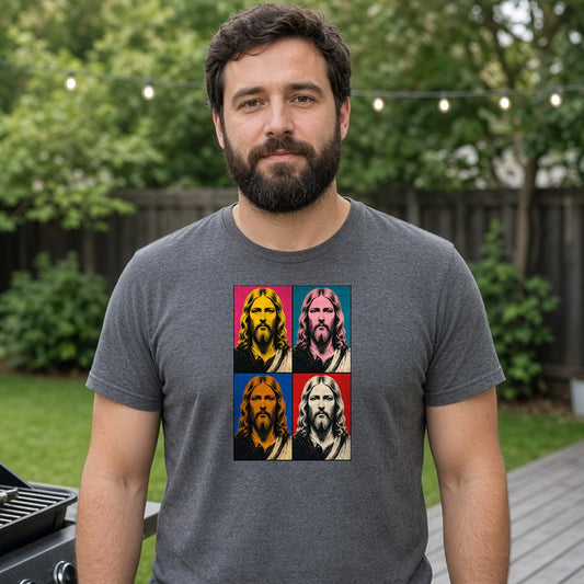 Model wearing jesus pop art grid lightweight tee