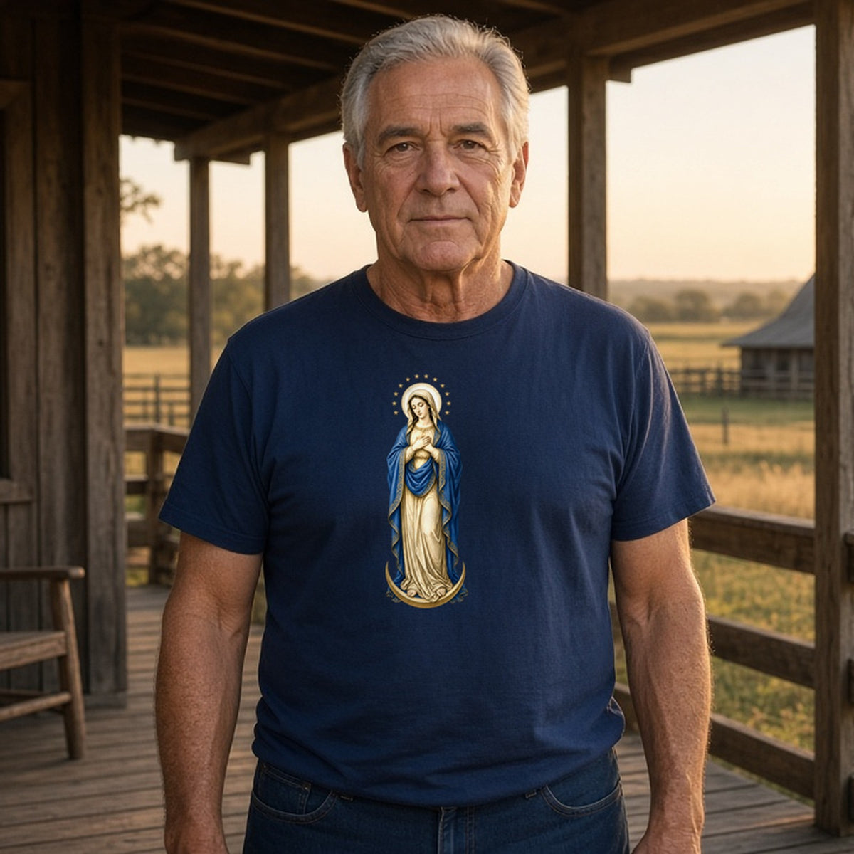 Model wearing mary crown of twelve stars lightweight tee